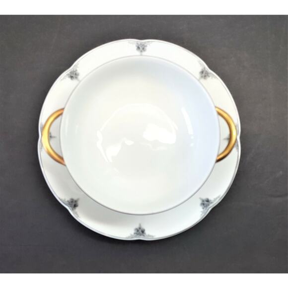 Block China Chambord Limoges Cream Soup Bowl w/Underplate Gray/Black on White - Picture 6 of 6